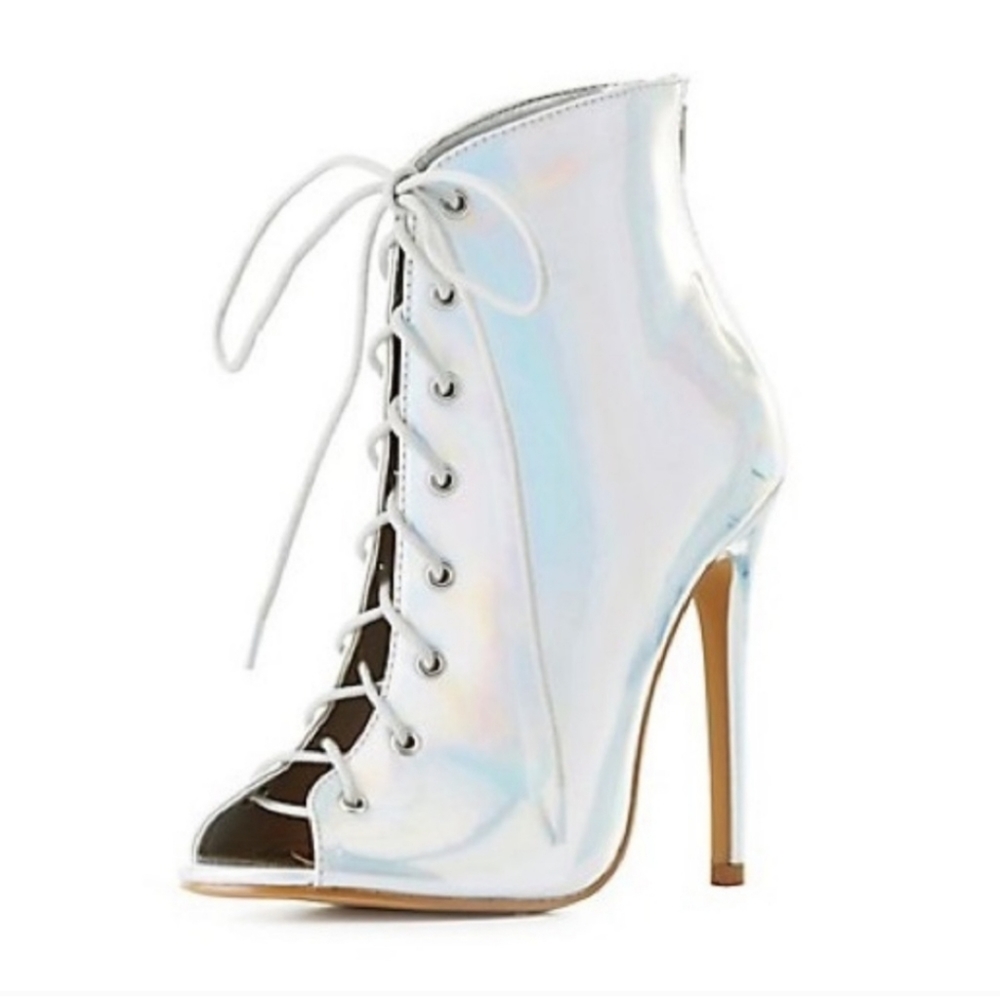 Holographic Silver Metallic Lace Up Peep Toe Heeled Boots Booties Heels - 7